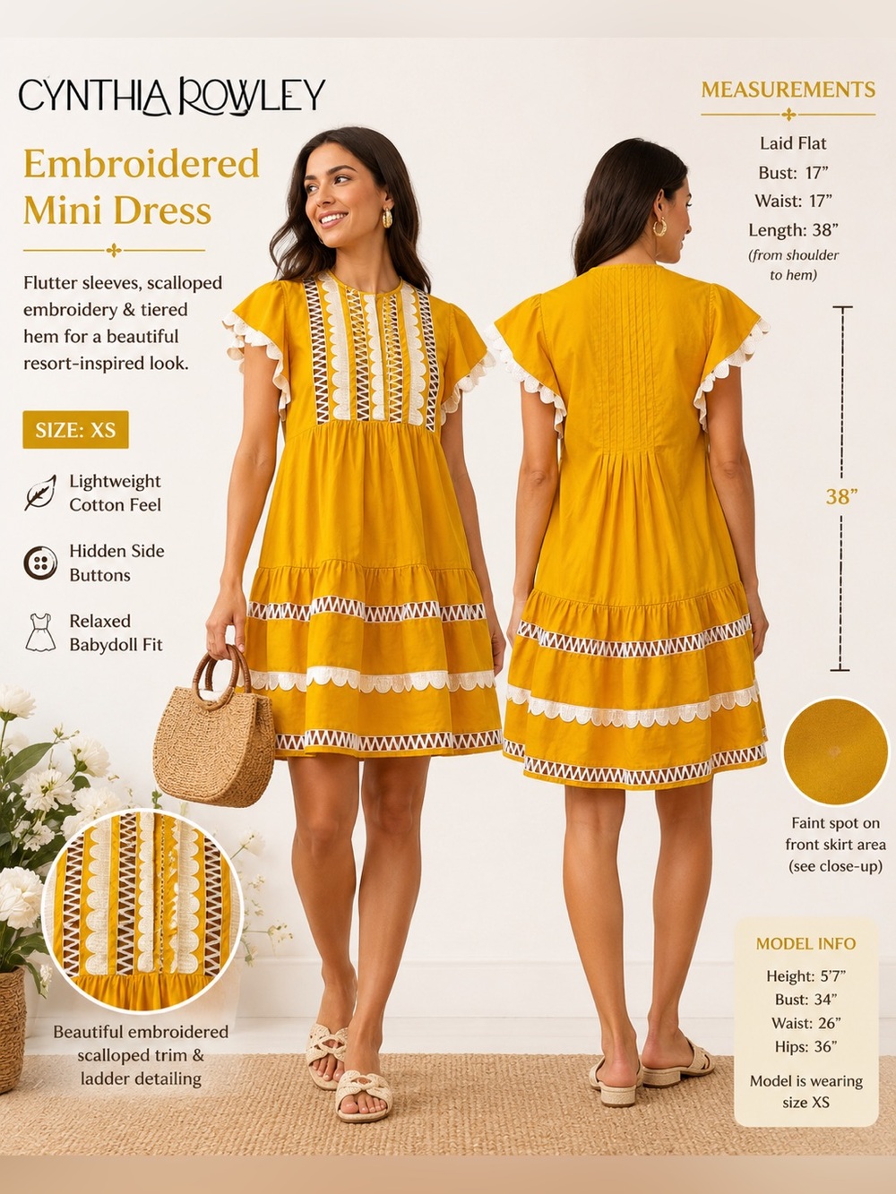 Cynthia Rowley Nairobi Scallop Embroidered Kaftan Mini Dress XS Yellow